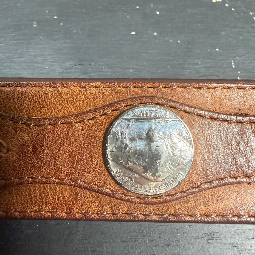 Orvis Buffalo Nickel Woven Inlay Leather Belt Mens 32 Brown Western Cowboy Boho